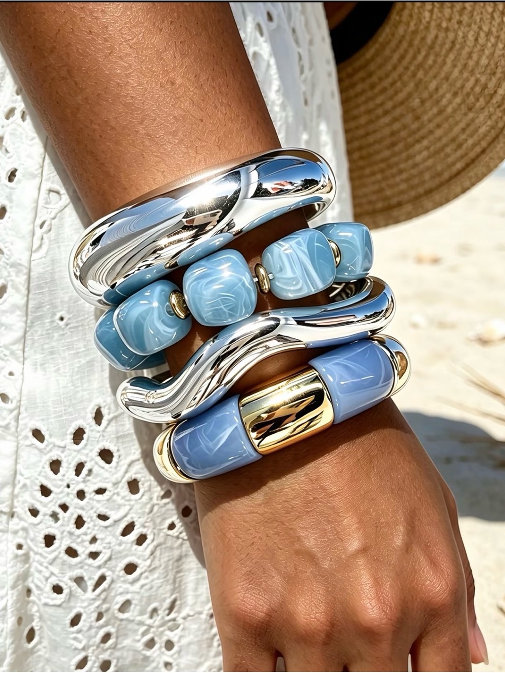 Stacked Blue Resin and Silver-Tone Bracelet Set